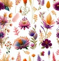 Pattern rapport seamless of beautiful Watercolor garden flowers in White background. Pattern mirrored for repeat background. Royalty Free Stock Photo