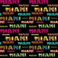 Wallpaper with Miami lettering floral print with colorful coconut palm leaves on dark background