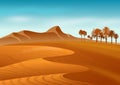 Wallpaper with natural desert landscape with sand dunes, mountains and palm tree. Illustration. Royalty Free Stock Photo