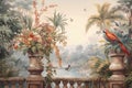 natural landscape, an garden of trees, flowers and beautiful parrot birds river view, in attractive colors classic painting