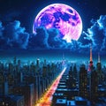 a wallpaper a night cityscape in anime neo crisp neon flat nightsky with a big shiny moon and clouds with