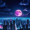 a wallpaper a night cityscape in anime neo crisp neon flat nightsky with a big shiny moon and clouds with