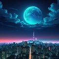 a wallpaper a night cityscape in anime neo crisp neon flat nightsky with a big shiny moon and clouds with