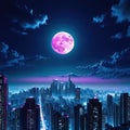 a wallpaper a night cityscape in anime neo crisp neon flat nightsky with a big shiny moon and clouds with