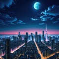 a wallpaper a night cityscape in anime neo crisp neon flat nightsky with a big shiny moon and clouds with