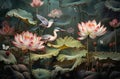 Wallpaper Painted In Vintage Style Landscape Of Forest River Mural Birds Lotus Flower With Background Of Nature