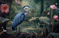 Wallpaper Painted In Vintage Style Landscape Of Forest River Mural Heron Bird Lotus Flower With Background Of Nature