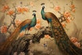 Wallpaper Painting Of A Peacock Bird In Bright, Beautiful Colors Among Flowers, Roses, Branches And Butterflies, Vintage Drawing