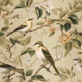 Wallpaper pattern of branches with white flowers with birds and butterflies in light beige background Royalty Free Stock Photo