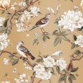 Wallpaper pattern of branches with white flowers with birds and butterflies in light beige background, spring atmosphere Royalty Free Stock Photo