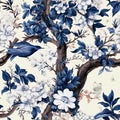 Wallpaper pattern of branches with white flowers with birds and butterflies in light white blue background Royalty Free Stock Photo