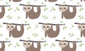 A simple seamless pattern on a transparent background with the image of a cute sloth on a branch