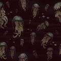 Wallpaper pattern of jellyfish in the depths of the ocean with vintage dark red background. Royalty Free Stock Photo