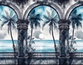 Wallpaper pattern of a landscape of the sea painted in watercolor through a Victorian arch window with palms and birds Royalty Free Stock Photo