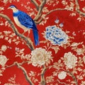 Wallpaper pattern painting of a bird in bright, beautiful colors among flowers, roses, branches and butterflies,