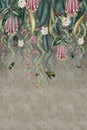 Wallpaper pattern Tropical plants and flowers hanging climbing birds background beige vintage painting.