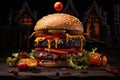 Wallpaper pictures of beef hamburgers. Pickles and melty cheese with a Halloween theme