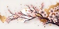 Wallpaper with sakura blossom. Abstract design on the black background with golden elements for prints and postcards.
