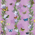 Wallpaper with a seamless pattern with butterflies and flowers on a lilac background.