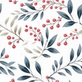 Mardi Gras Branch: Red Berries And Pastel Leaves On White Background