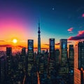 a wallpaper a sunset cityscape in anime neo crisp neon flat with a big shiny sun and clouds with A silhouette of a