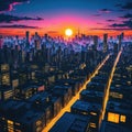 a wallpaper a sunset cityscape in anime neo crisp neon flat with a big shiny sun and clouds with A silhouette of a