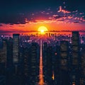 a wallpaper a sunset cityscape in anime neo crisp neon flat with a big shiny sun and clouds with A silhouette of a