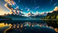 Landscape painting mountain sky clouds magical mystic lake river ai generated