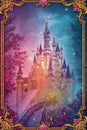 Fairy Tale Castle with Sparking Gold Dust and Pink Blossoms Under a Starry Purple and Blue Sky Royalty Free Stock Photo