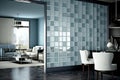 Wallpapered, Glass-paneled walls with a Premium Glass finish. Wallcovering of Glass, tiled, and square blocks. Generative Ai