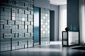 Wallpapered, Glass-paneled walls with a Premium Glass finish. Wallcovering of Glass, tiled, and square blocks. Generative Ai