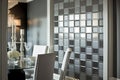 Wallpapered, Glass-paneled walls with a Premium Glass finish. Wallcovering of Glass, tiled, and square blocks. Generative Ai