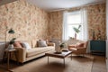 wallpapered room with floral prints, complimented by simple furnishings