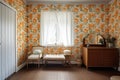 wallpapered room with floral prints, complimented by simple furnishings