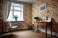 wallpapered room with floral prints, complimented by simple furnishings