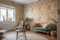 wallpapered room with floral prints, complimented by simple furnishings