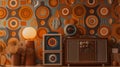 the wallpapered wall on the desk is a radio, all in the style of the 70s