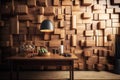 Wallpapered, wood-paneled walls with a natural wood finish. Wallcovering of wooden, tiled, and square blocks. Generative Ai
