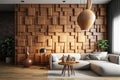Wallpapered, wood-paneled walls with a natural wood finish. Wallcovering of wooden, tiled, and square blocks. Generative Ai