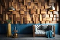 Wallpapered, wood-paneled walls with a natural wood finish. Wallcovering of wooden, tiled, and square blocks. Generative Ai