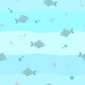 Marine seamless vector pattern with fishes, bubbles and starfish on blue background.