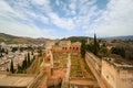 The walls of the Alcazaba in the Alhambra and the panorama of Granada