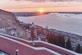 Walls of ancient Nizhny Novgorod Kremlin, famous Chkalov Stairs, Volga River during sunset. Royalty Free Stock Photo