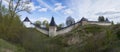 At the walls of the ancient Pskovo-Pechersky monastery. Pechori. Russia (panorama) Royalty Free Stock Photo