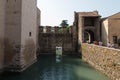 Walls and bridge across water moat at the Scaliger Castle entrance to old town, Sirmione, Lombardy, Italy Royalty Free Stock Photo