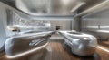 A sleek and modern kitchen with white cabinets and an island featuring futuristic design, AI generated