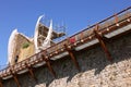 The walls of the Monteriggioni fortress under repair.