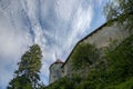 Walls of an old castle on the shore of Lake Bled in Slovenia against the sky Royalty Free Stock Photo