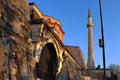 Walls with old wooden gates and the tower of the Hagia Sophia Museum in the center of Istanbul,