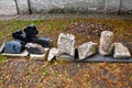 Fragments of tombstones from the necropolis of the Spaso-Andronikov monastery in Moscow, Russia